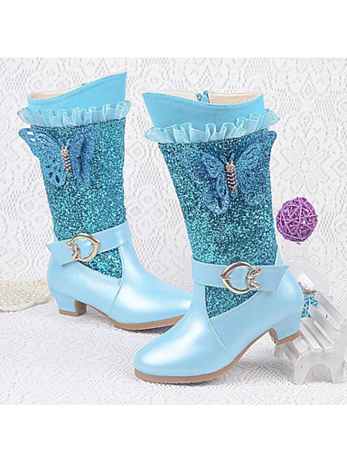 Girls Cinderella Suede Boots Princess Shoes Soft Bottom Dress shoesPrincess Fur Low Heel Knee High Boots