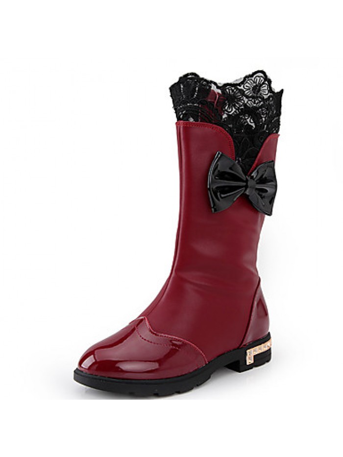 Girl's Boots Fall / Winter Comfort PU Casual Flat Heel Zipper Black / Red / Burgundy Walking