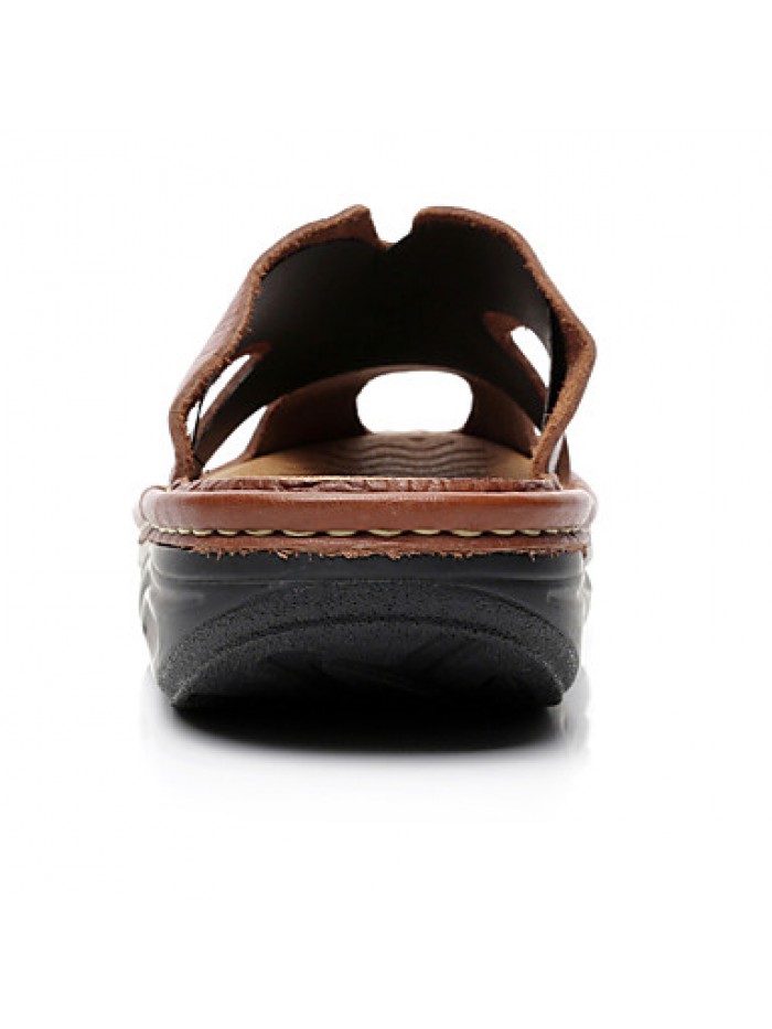 Men's Shoes summer Outdoor / Casual Leather Platform Slippers Black / Brown