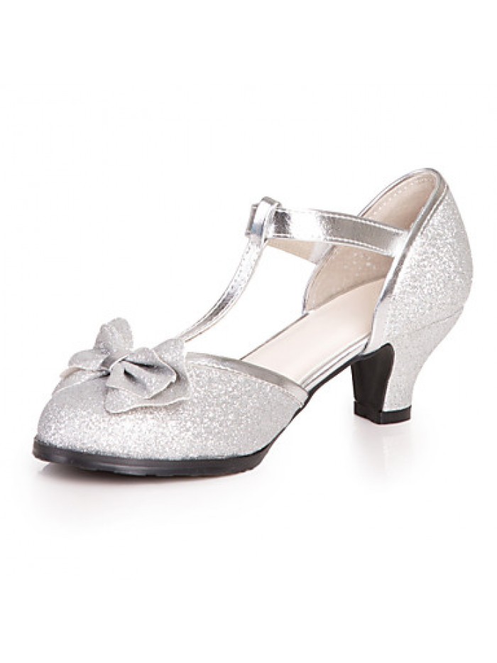 Girl's Heels Spring / Summer Round Toe Leatherette Dress / Casual Chunky Heel Bowknot Blue / Pink / Silver