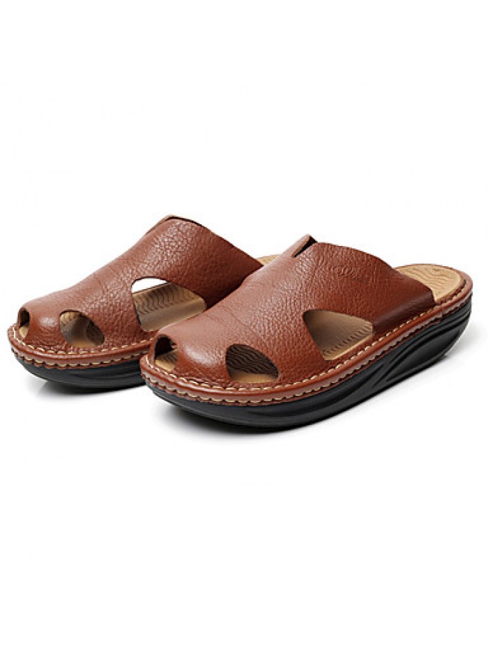 Men's Shoes summer Outdoor / Casual Leather Platform Slippers Black / Brown