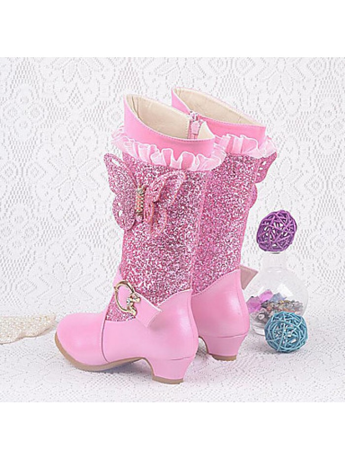 Girls Cinderella Suede Boots Princess Shoes Soft Bottom Dress shoesPrincess Fur Low Heel Knee High Boots