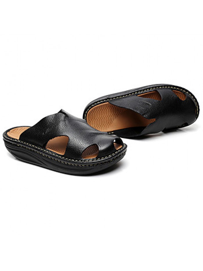 Men's Shoes summer Outdoor / Casual Leather Platform Slippers Black / Brown