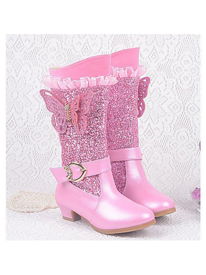 Girls Cinderella Suede Boots Princess Shoes Soft Bottom Dress shoesPrincess Fur Low Heel Knee High Boots