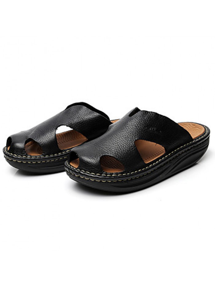 Men's Shoes summer Outdoor / Casual Leather Platform Slippers Black / Brown