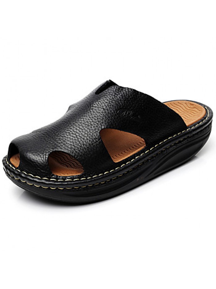 Men's Shoes summer Outdoor / Casual Leather Platform Slippers Black / Brown