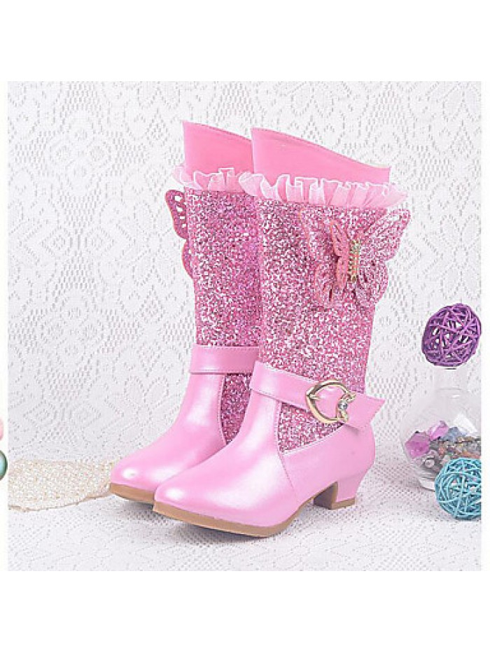 Girls Cinderella Suede Boots Princess Shoes Soft Bottom Dress shoesPrincess Fur Low Heel Knee High Boots